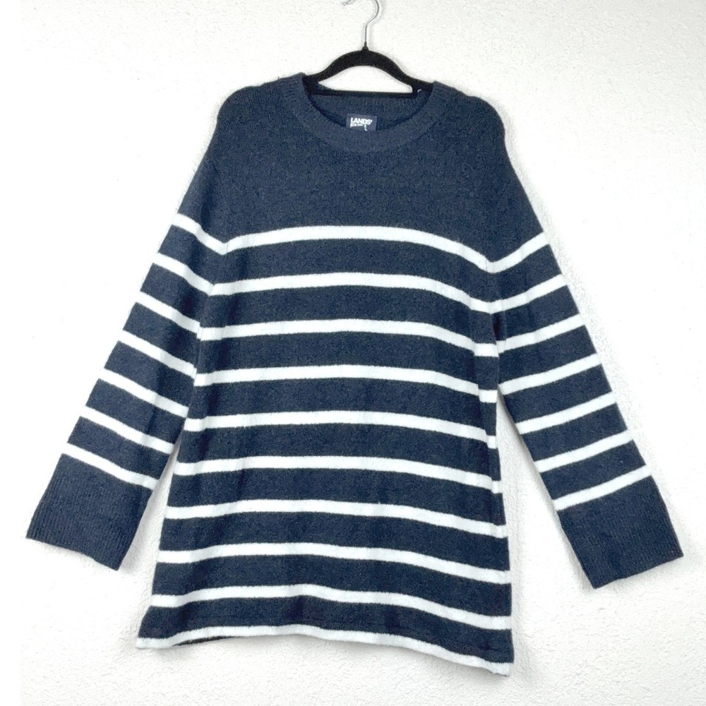 Lands End Navy Blue Striped Sweater - M - Nautical Preppy Coastal